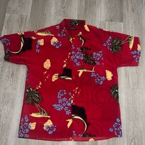 Vintage Hawaiian Koman Sport Large Shirt Mens RED/SPADE FISH / PALM TREE